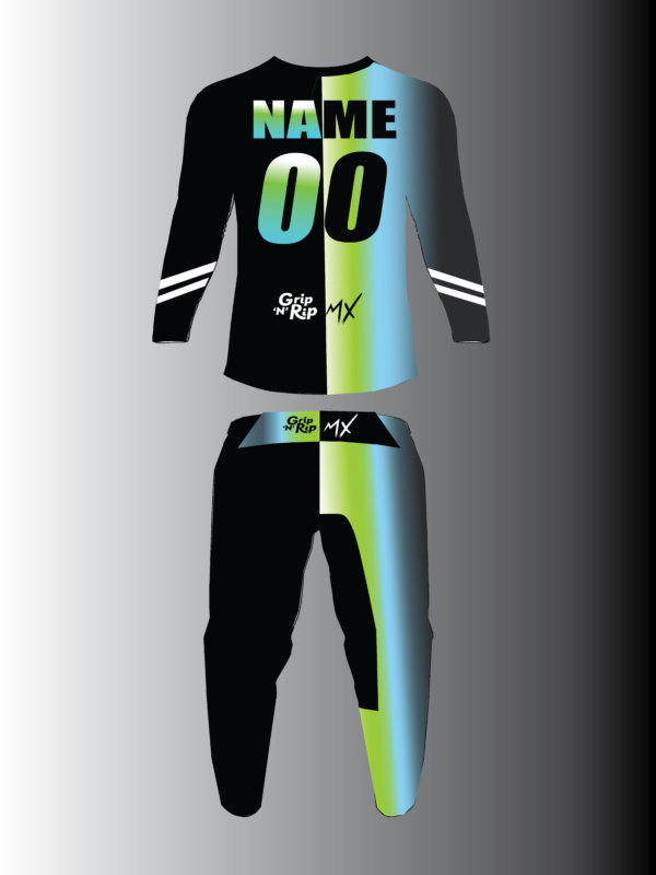 Grip N Rip Split Motocross Gear - Blue Green Black - Back