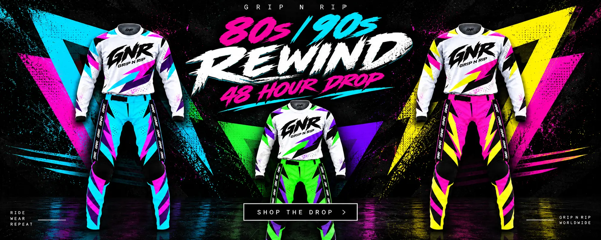 Grip N Rip 80s/90s Rewind 48 hour drop: three neon motocross jersey and pant sets in cyan, green and yellow